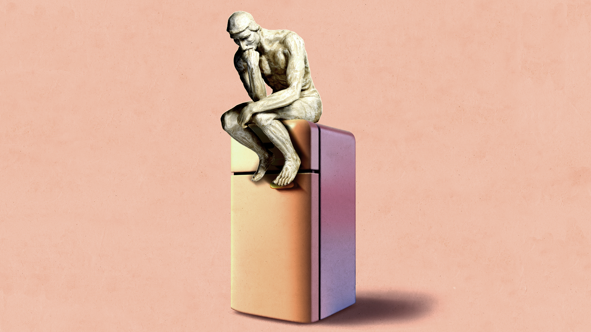 An illustration of Rodin's "The Thinker" statute perched on top of a fridge