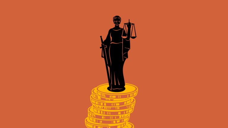 An illustration of Lady Justice on top of a stack of coins