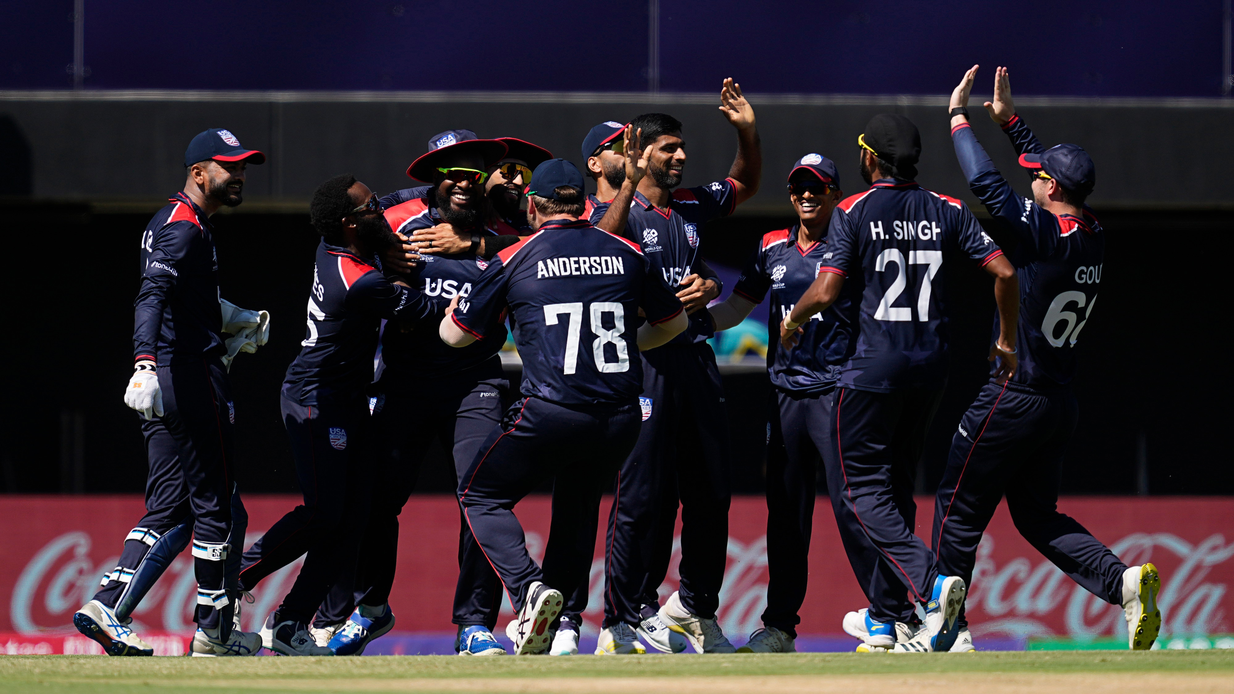 The US cricket team celebrates after a win against India