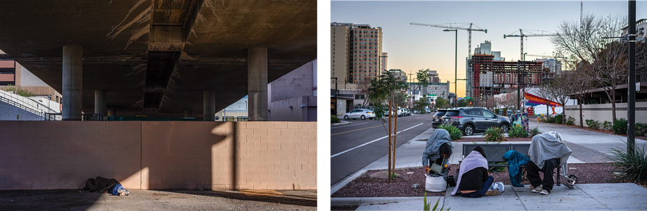 2 photos: person sleeping on concrete under shade of highway overpass; 4 people around bench on street, 2 wrapped in blankets