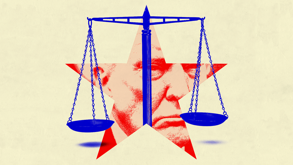 Scales of justice with an image of Trump behind them