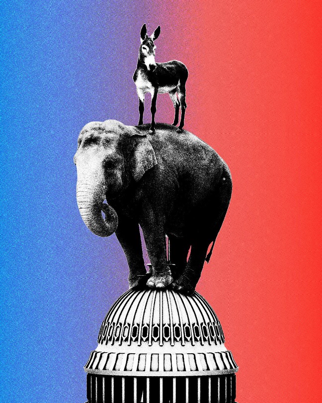 A donkey atop an elephant atop the Capitol