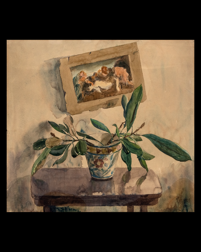 watercolor painting of potted plant with large leaves on small table with crooked framed painting above it of biblical scene