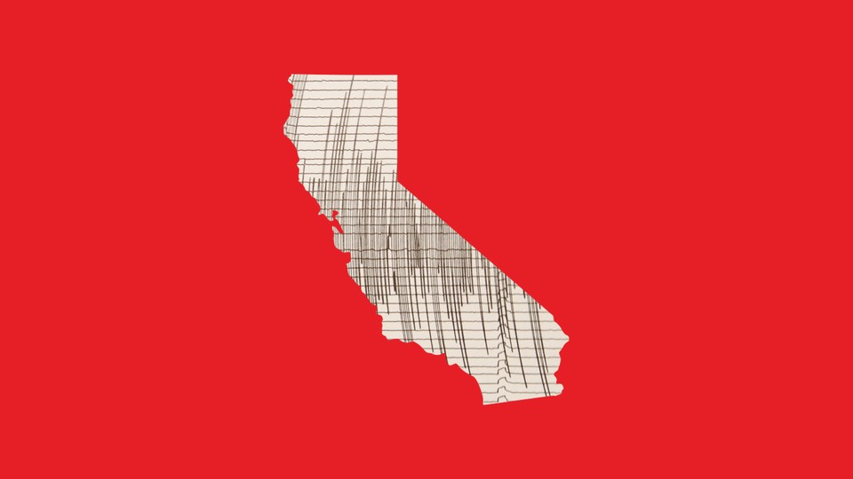 Illustration of the state of California, filled with seismograph readings, on a red background