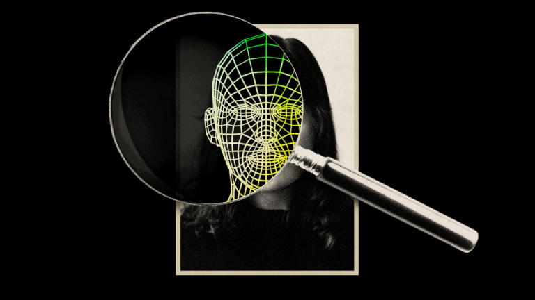 An illustration featuring a magnifying glass hovering over a photo of a woman