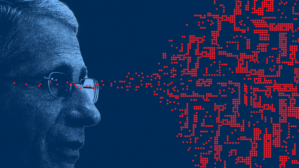 Illustration with profile photo of Fauci looking to right with red dots increasing in number from a few to many