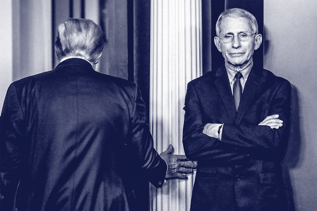 photo of back of Donald Trump leaving room past Fauci, standing and facing camera with arms crossed