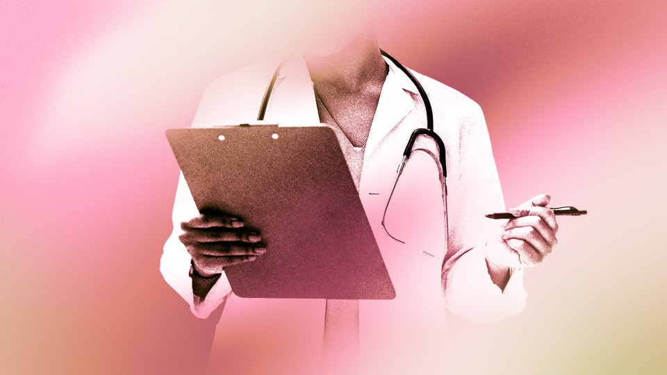 A hazy image of a doctor holding a clipboard, with a pink and orange background