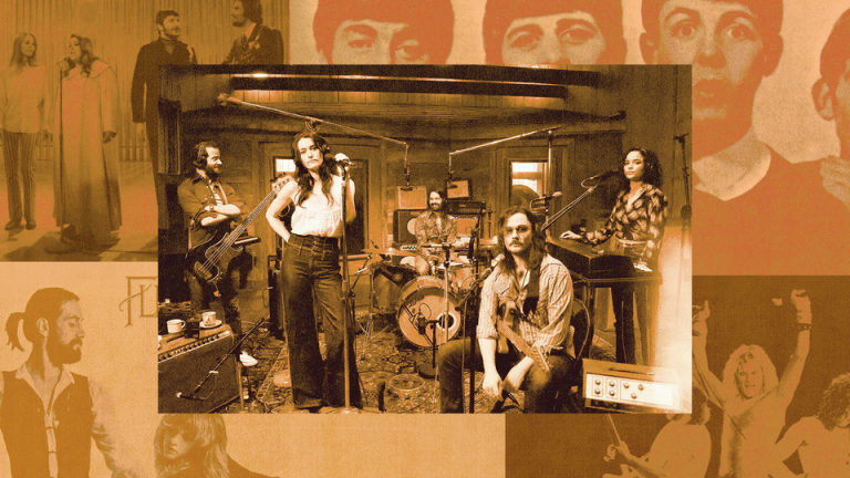 A photo collage of '70s bands and the cast of the Stereophonic play, all in burnt-orange and mustard tones