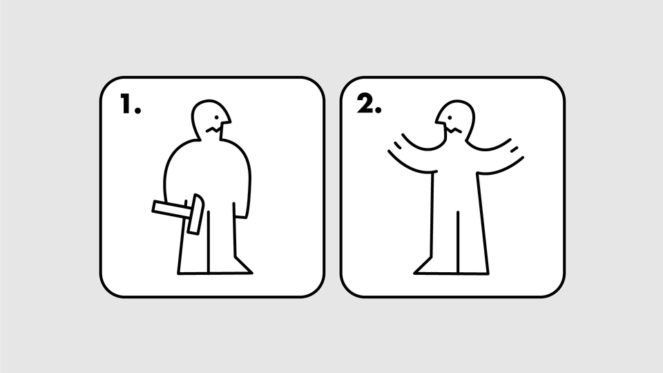 two instruction manual figures looking at each other with confused expressions