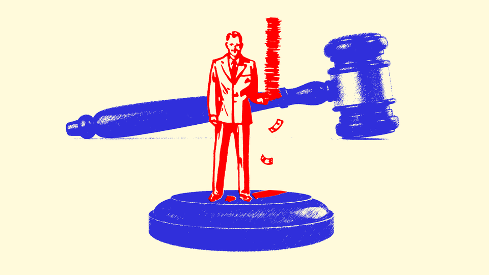 An illustration of a man in front of a judge's gavel