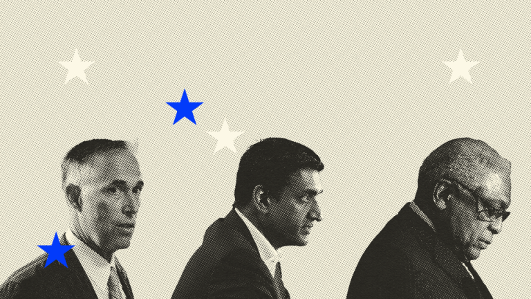 An illustration showing a trio of congressional Democrats: Ro Khanna, James Clyburn, and Jared Huffman