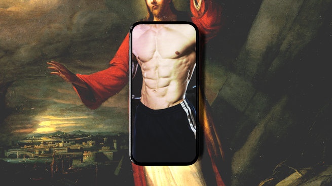 An image of Jesus, with a phone superimposed onto his torso, displaying a muscular male body