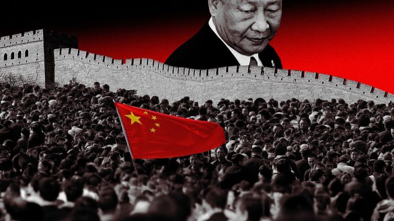 A photo-illustration of Chinese leader Xi Jinping peering over a wall at a crowd of people.