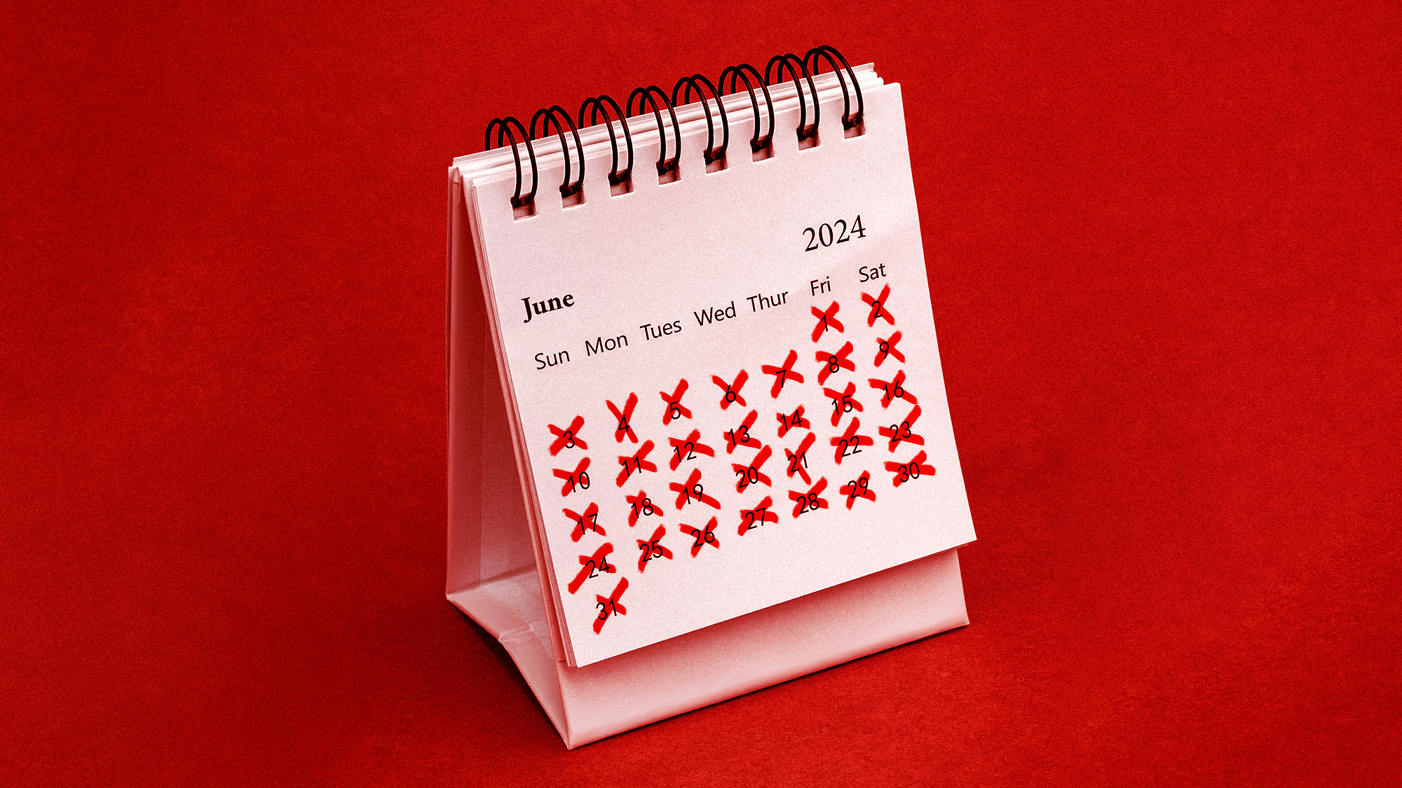 An illustration of a calendar with a red "X" through every single day of the month.