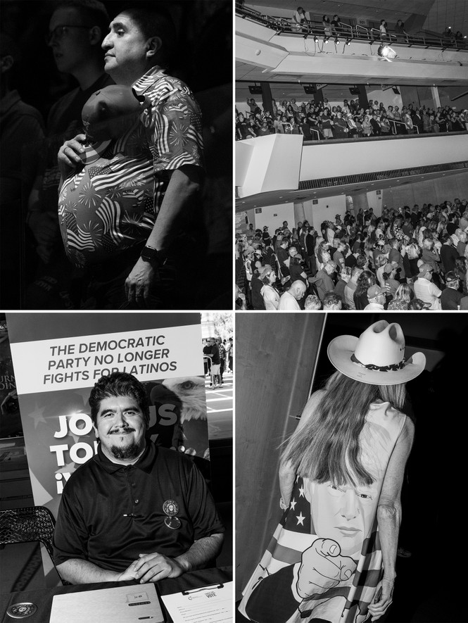 Four photographs showing an attendee holding his hat over his heart during a prayer before a Town Hall with Donald J. Trump in Phoenix, Arizona; attendees praying before before a Town Hall with Donald J. Trump in Phoenix, Arizona; a representative for Latinos Coalition, a volunteer-based voter canvassing effort aimed at turning out voters in key battleground areas, posing next o a sign after a Town Hall in Phoenix, Arizona; the general atmosphere at a Town Hall in Phoenix, Arizona.