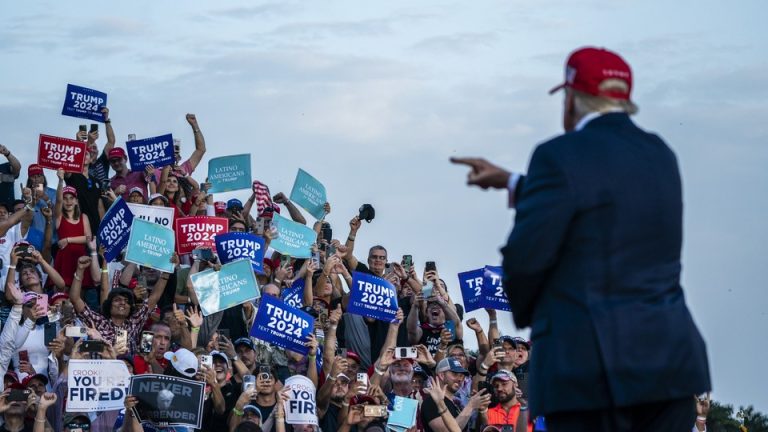 Donald Trump points to a crowd of supporters at a rally