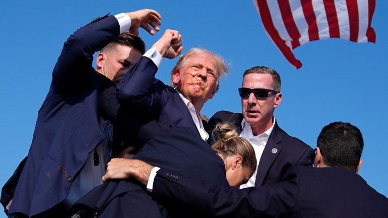 A bloodied Donald Trump fist-pumps as Secret Service rush him offstage.