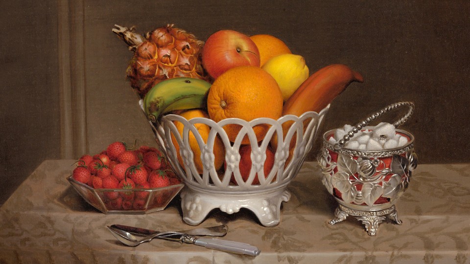 a painting of a bowl of fruit on a table next to a bowl of tomatoes and another bowl and a spoon and knife