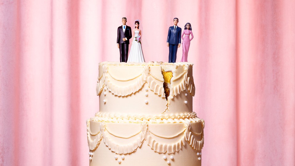 Male-female doll couples atop a cracked wedding cake