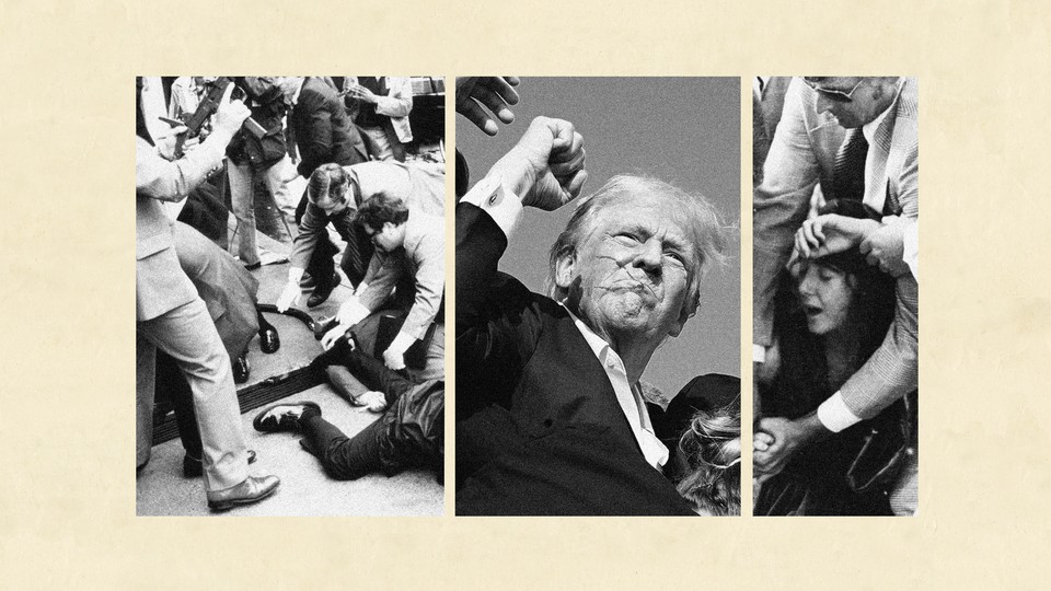 Triptych of photos from the attempted assassinations of Reagan, Trump, and Ford