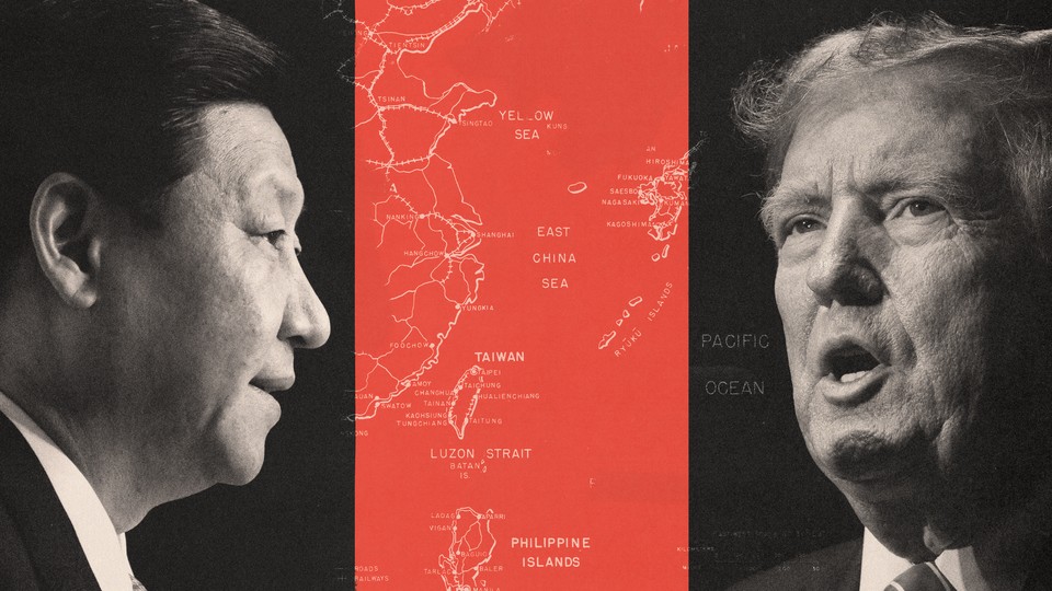 Collage showing Xi, map of Taiwan, and Trump