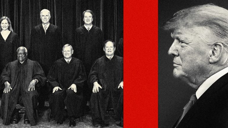 A photomontage featuring Donald Trump and Supreme Court justices.