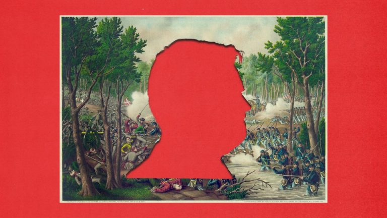 A picture of revolutionary war, with silhouette of JD Vance's face cut in the middle