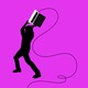 Illustration of a man smashing a laptop, styled like a classic iPod advertisement