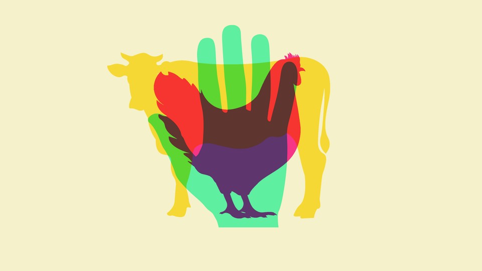 An illustration of a human hand over a cow over a chicken