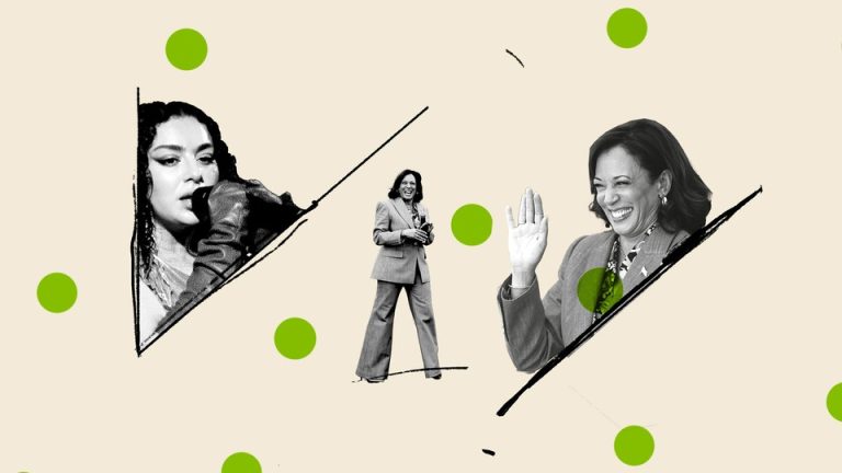 Photo-illustration of black-and-white cut-outs of the singer Charli XCX and Vice President Kamala Harris against a beige background decorated with lime-green circles