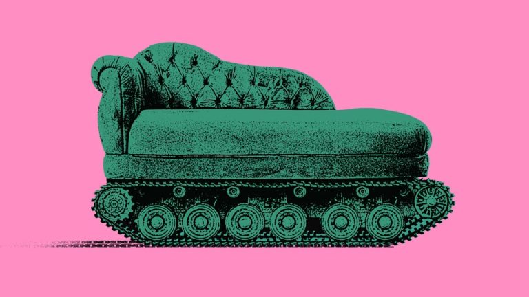 green couch against a pink background