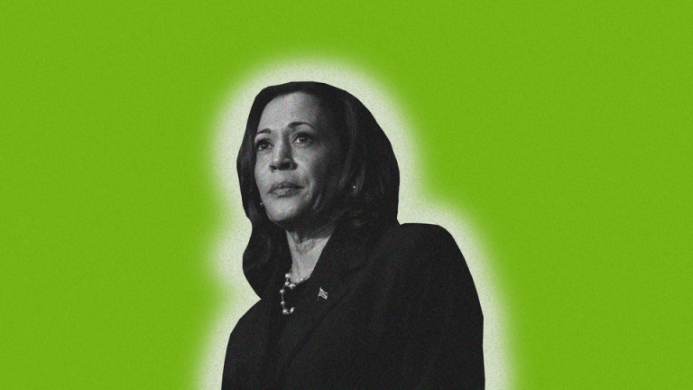 Image of Kamala Harris against a "brat"-green background.