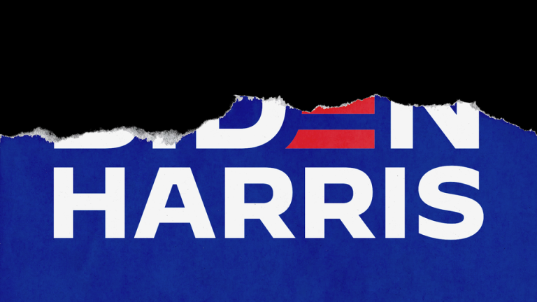 A red-white-and-blue Biden-Harris campaign sign ripped in half horizontally, so that only Harris's name remains