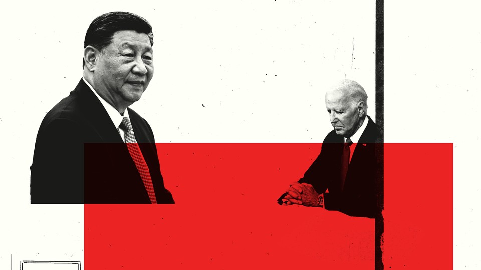 Black-and-white photos of Xi Jinping and Joe Biden against a thick red bar