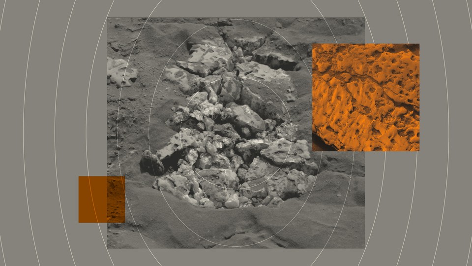 An illustration featuring images of Martian rock, in black and white, and orange