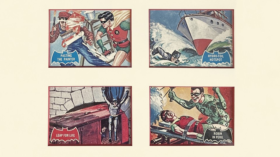 Four vintage comic cards showing Robin and Batman