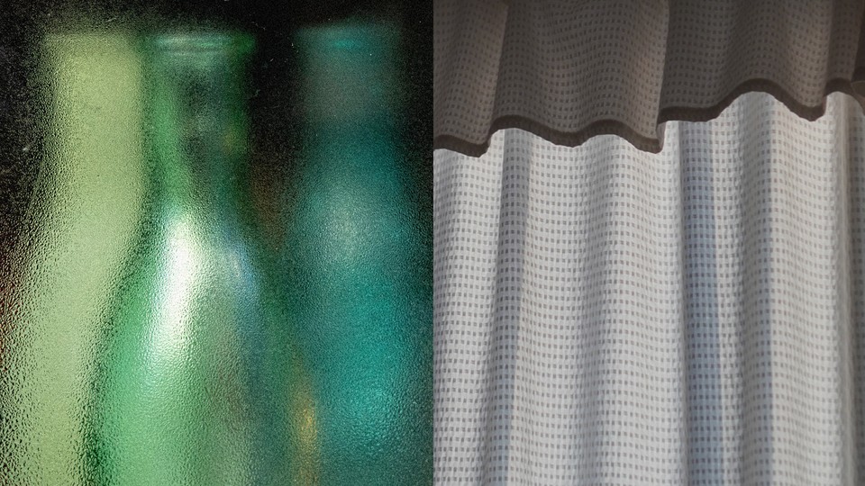 a diptych, with a blurred photo of teal bottles on the left, and black and white photo of a curtain on the right