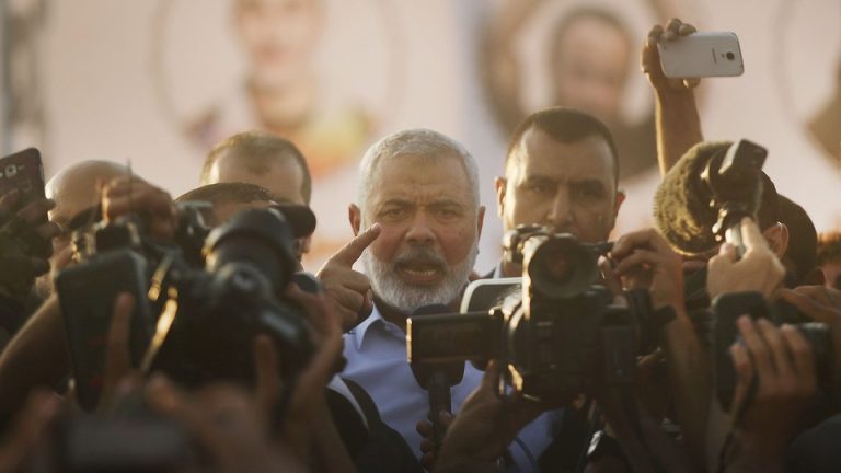 The Hamas leader Ismail Haniyeh speaks to supporters in Gaza City in May 2018