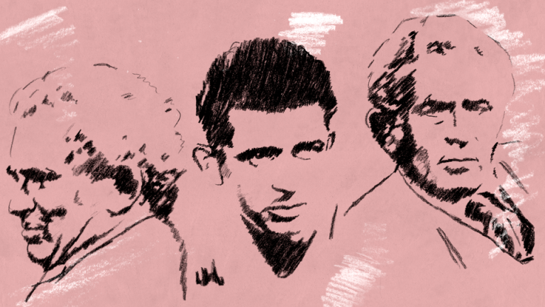 sketches of norman mailer against a light pink background