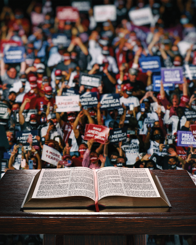 A photo-illustration of an open Bible on a lectern facing a sign-holding crowd at a Trump rally