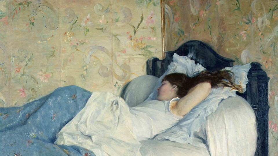 a painting of a woman lounging asleep in a bed