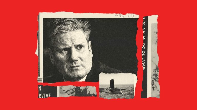 A collage shows Keir Starmer, a submarine, and a mushroom cloud