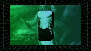 An image of Jesus, with a phone superimposed onto his torso, displaying a muscular male body