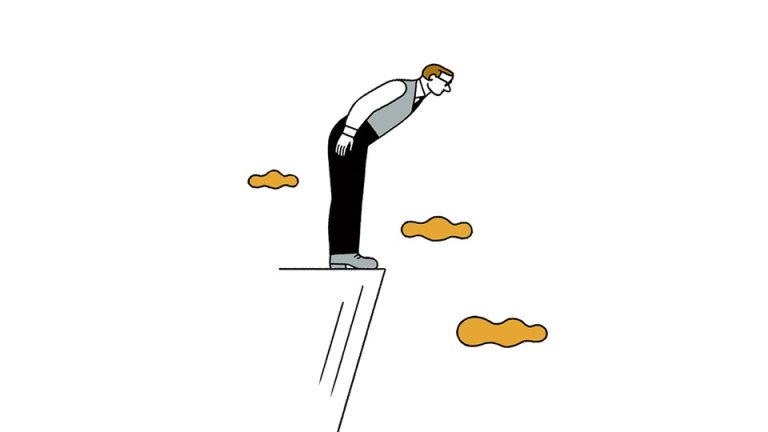 An illustration of a man wearing glasses looking over the edge of a cliff