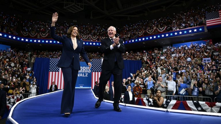 Kamala Harris and Tim Walz before an exuberant crowd at a Philadelphia rally