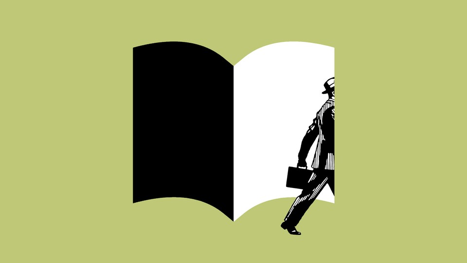 An illustration of a man walking through a book-shaped hole