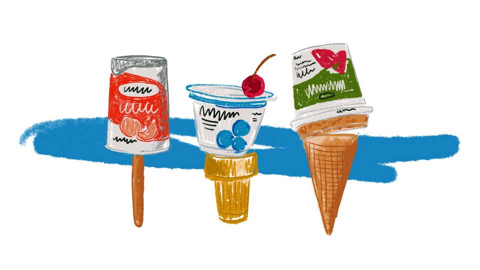 An illustration of yogurt cups over ice cream cones