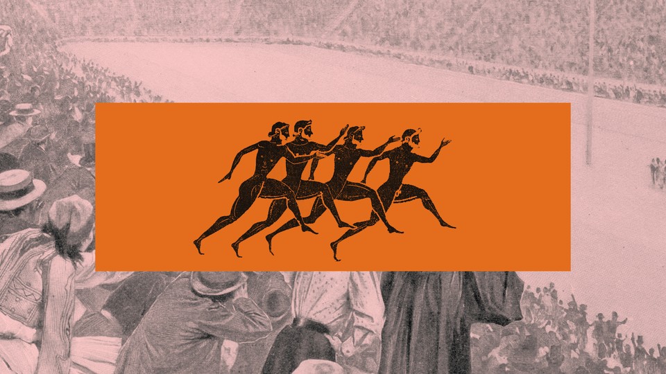 An Olympic stadium with ancient-Greek runners superimposed on it