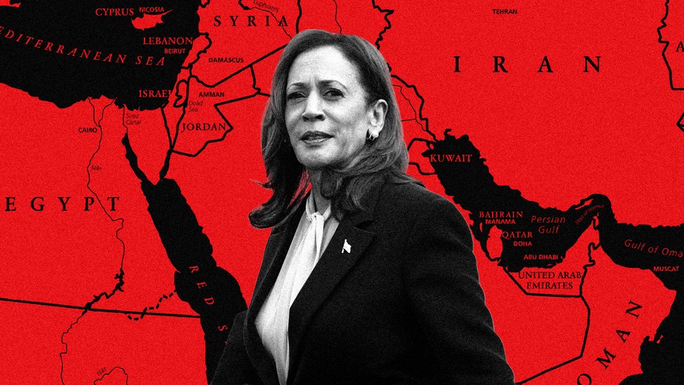 A photo of Kamala Harris is set against a map of the Middle East.